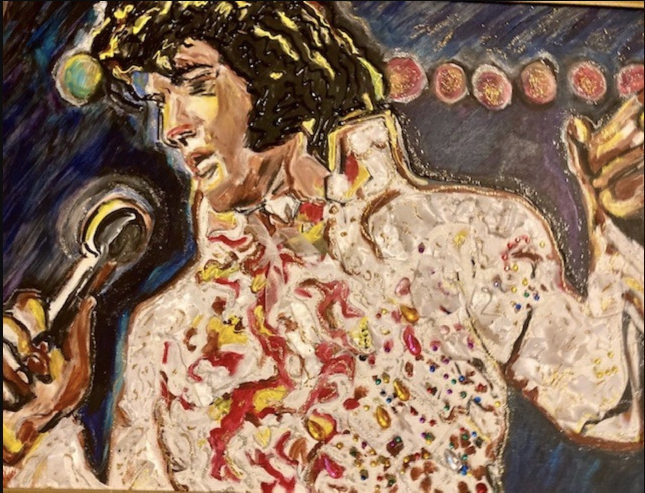 Rosemary Gallick; Elvis in White; Mixed Media; 24x18; Framed; $200.00; Email: 
Rosemarygallick6@gmail.com