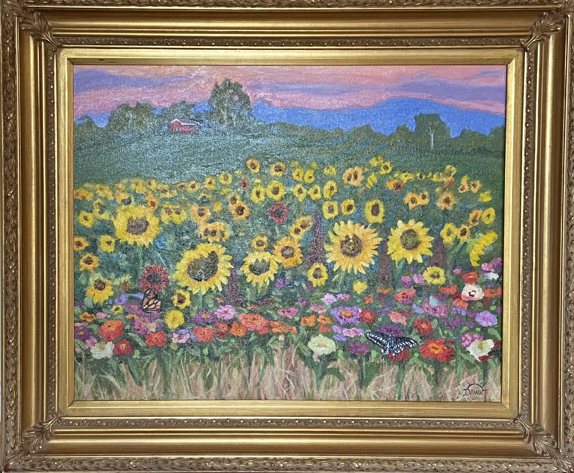 Dawn Berg; Sunset Sunflower & Zinnias; 22x28; Oil and Cold Wax on canvas with custom frame; $575.00; Email: dawn@artisticdawning.com