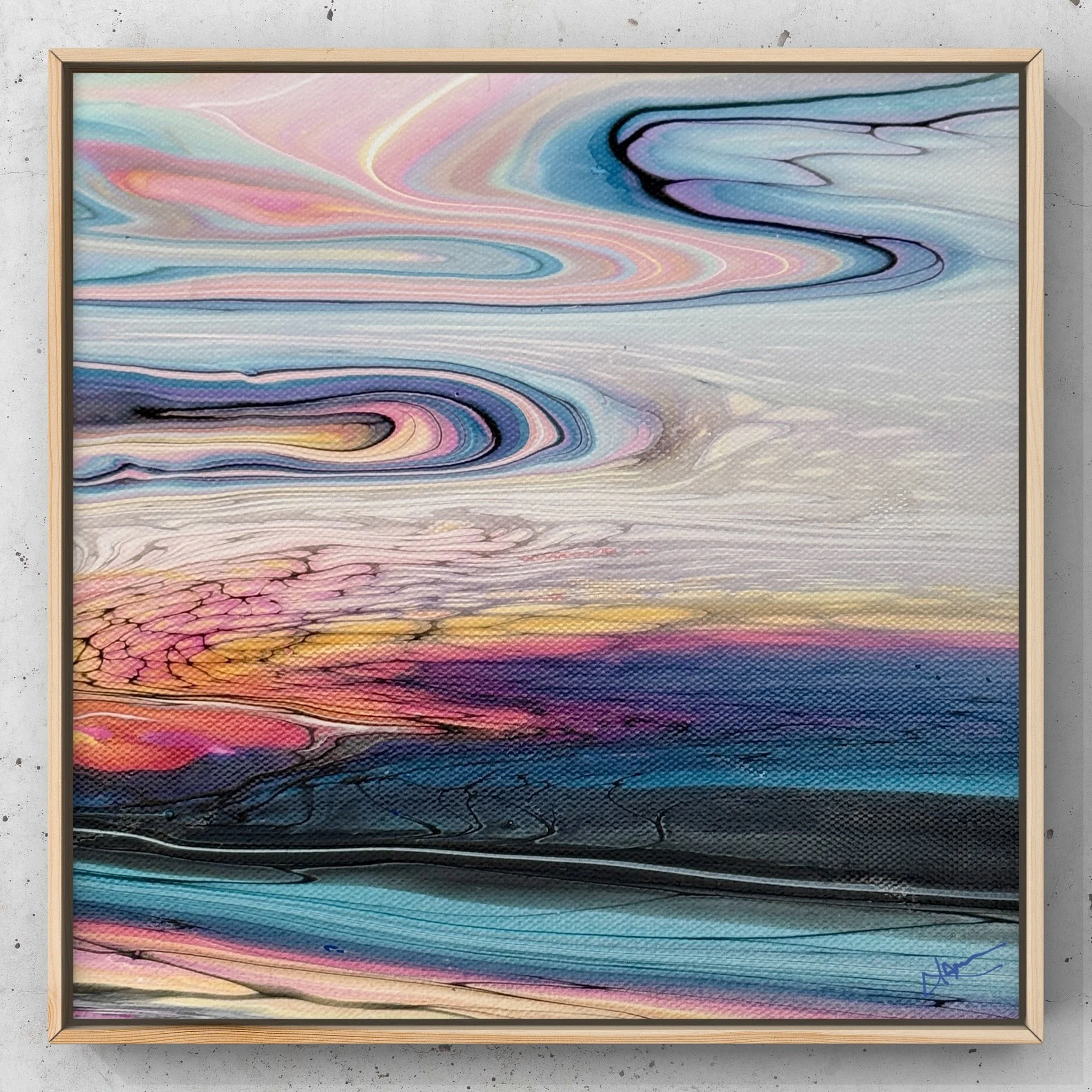Karen Durishin, Sand Sea and Sky, Framed 8x8, acrylics on canvas; $150.00 Email: waterfallacrylics@gmail.com