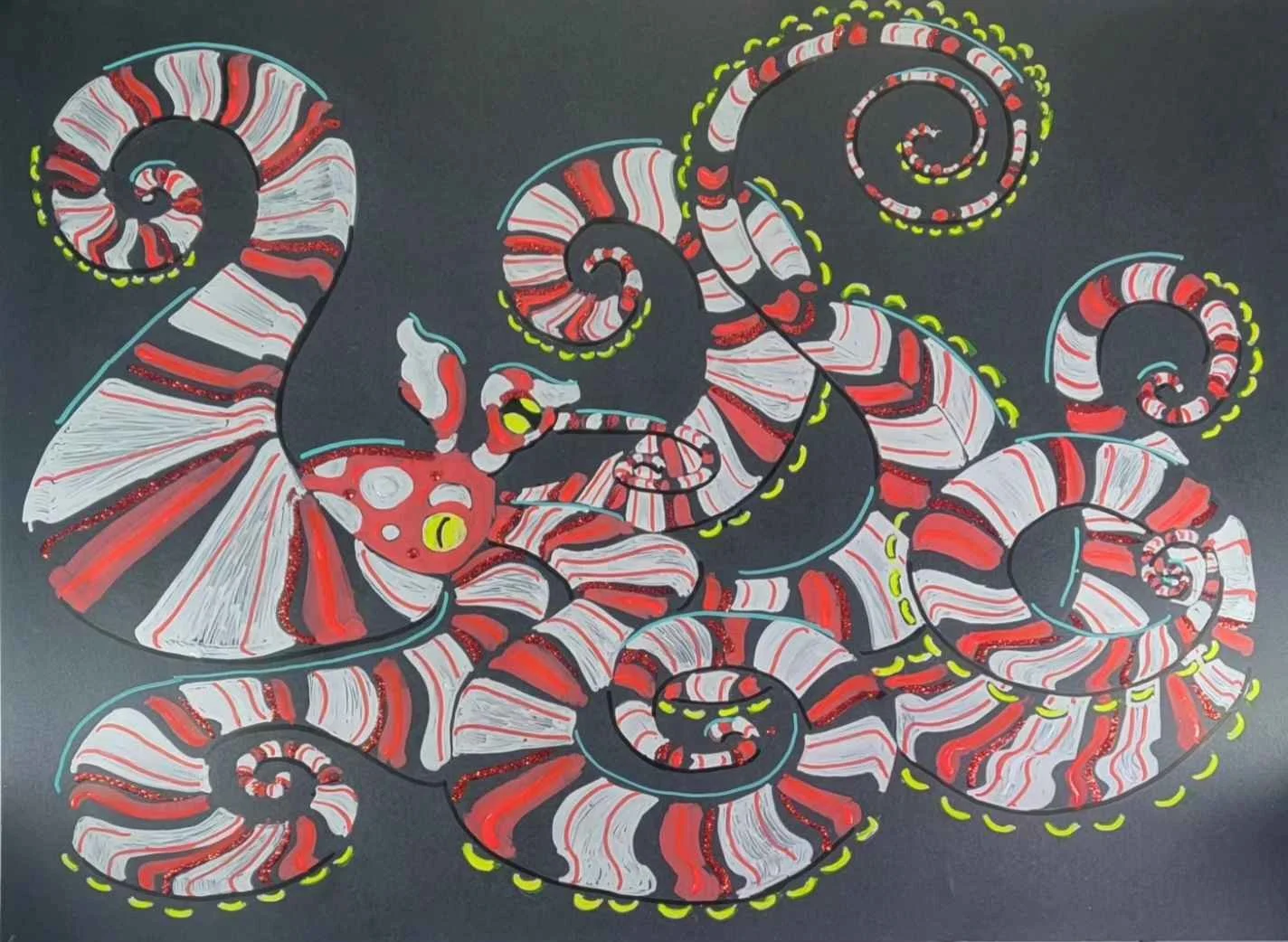 Donna Milligan, Wonderpus Photogenicus, Acrylic and glitter on posterboard, 24"x36" $400 Unframed Email: queenusagichan@aol.com