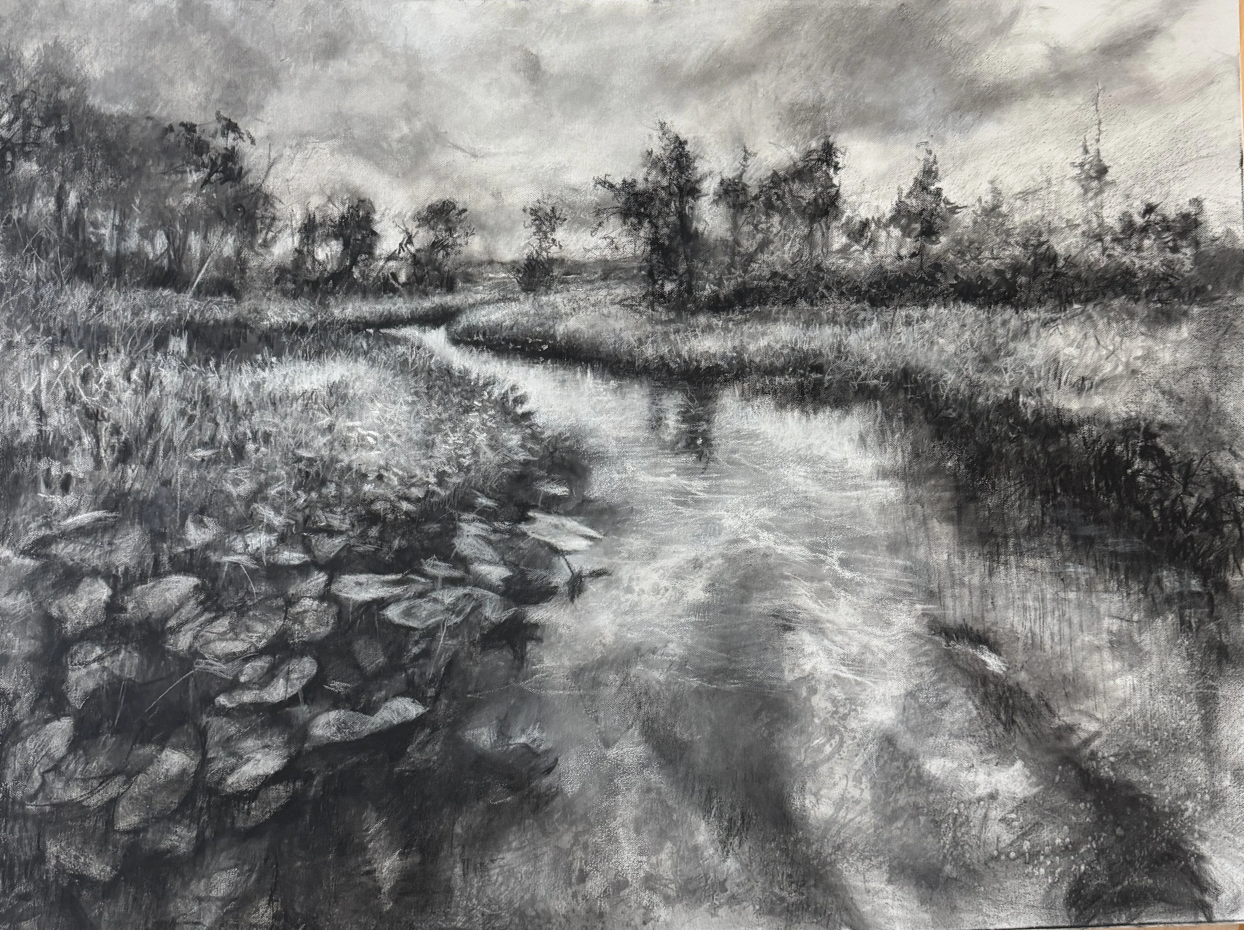 Rachel Garcia-Palmer, Dyke Marsh on a Summer Day, Charcoal on canvas, 30x40, Unframed, Email: rachelgarciapalmer@gmail.com