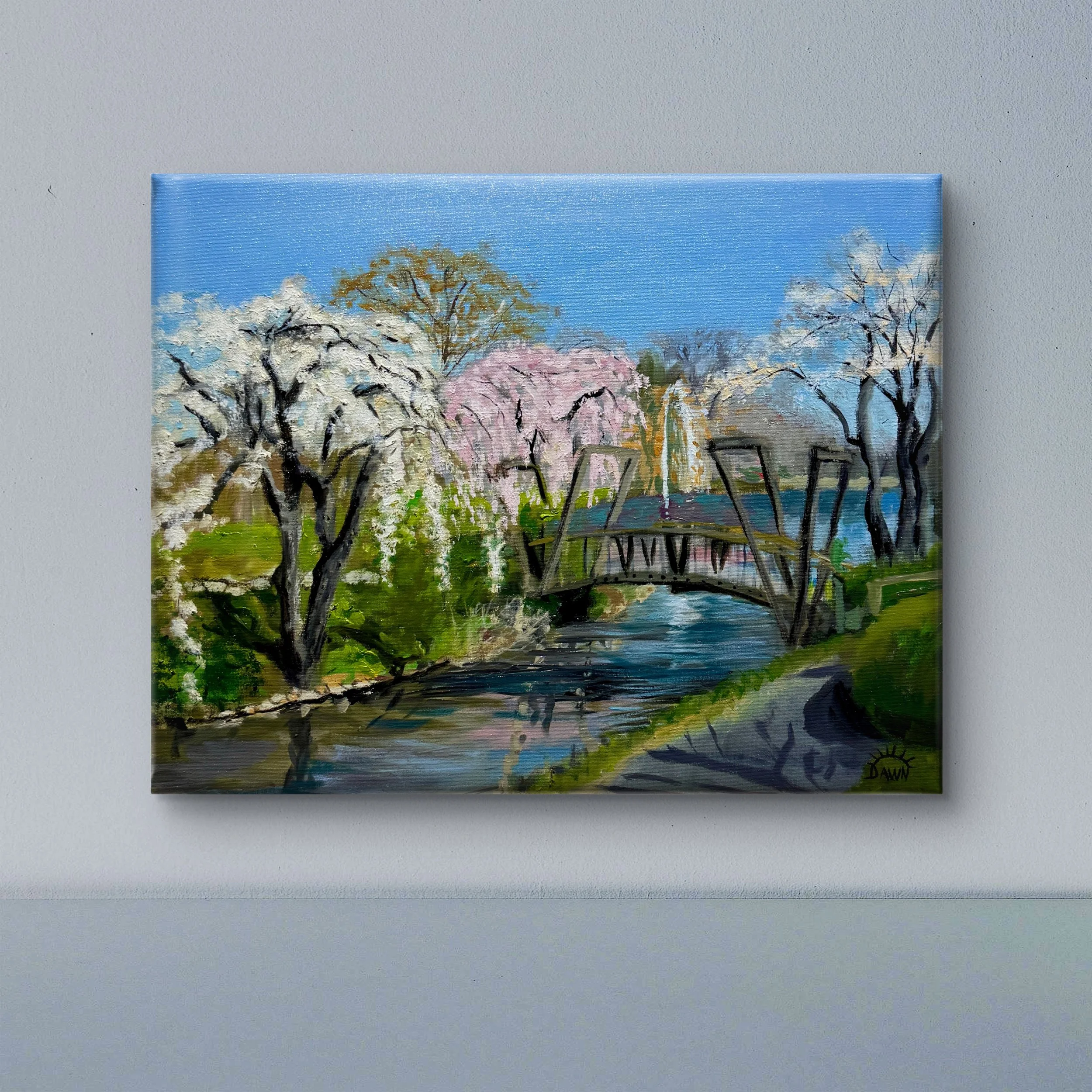Dawn Berg, "Cherry Blossoms At The Van Gogh Bridge", Oil on Canvas