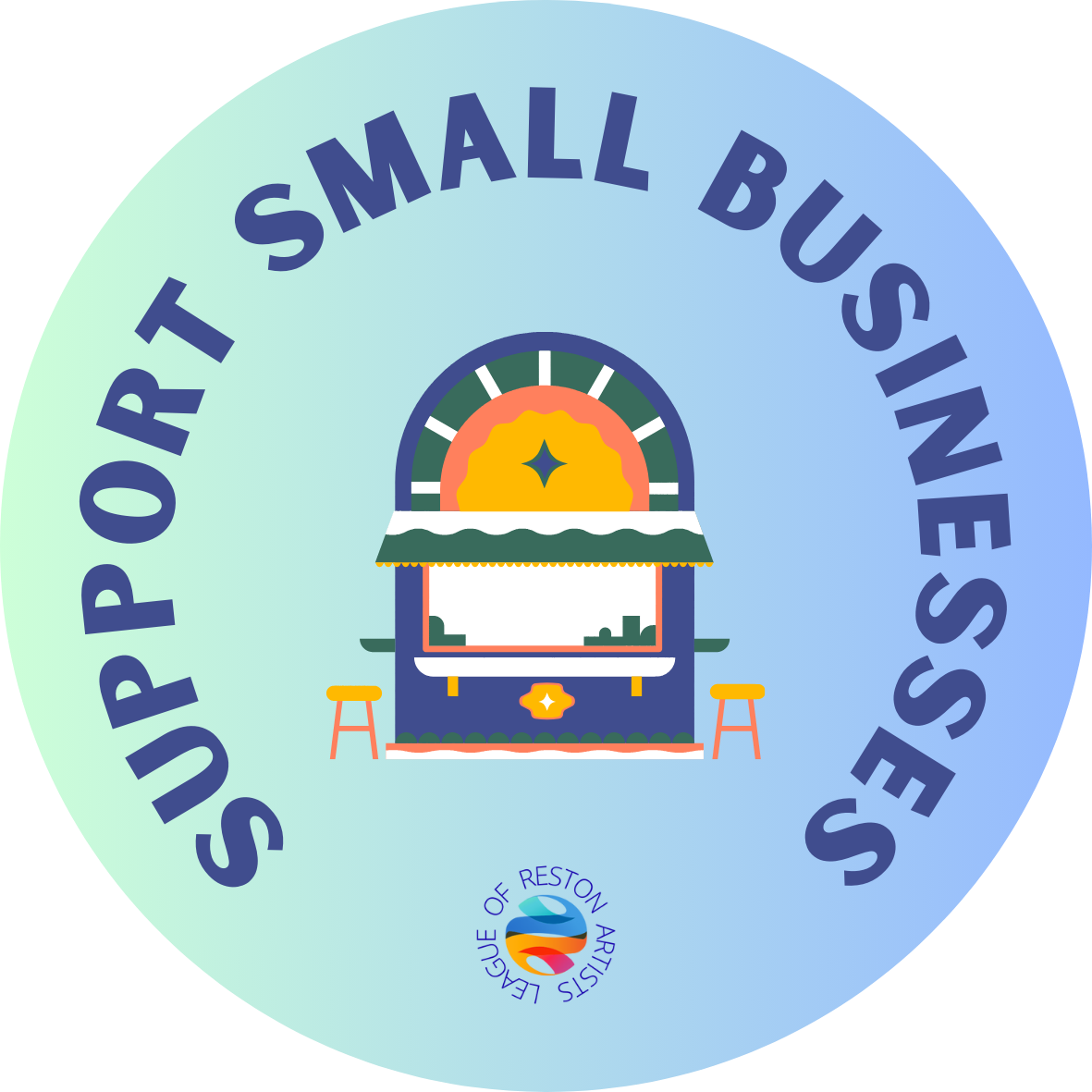 Logo for 'Support Small Businesses' by League of Restoration Artists, featuring a small outdoor food or beverage stand with a colorful arch and two small stools.