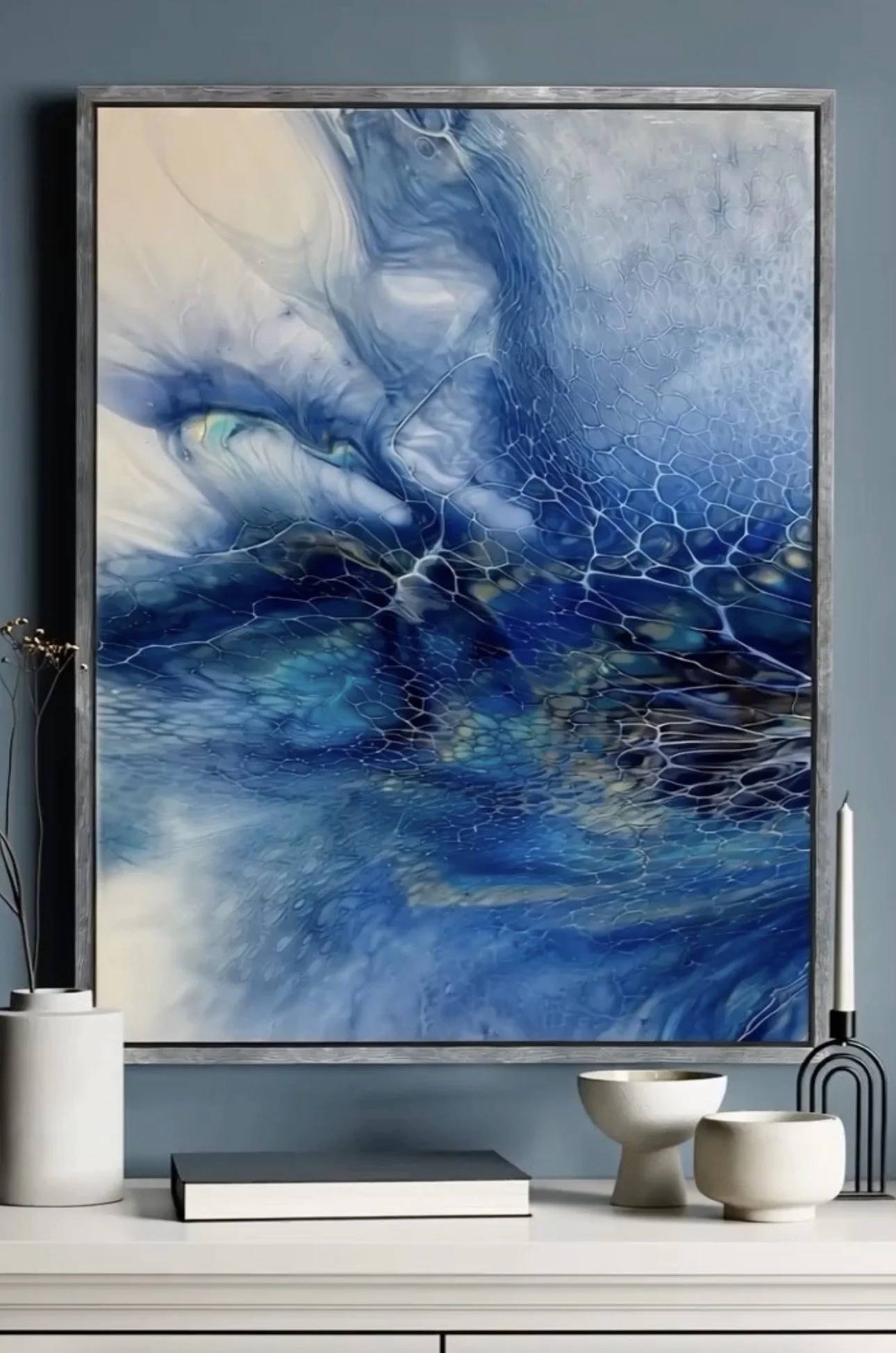 Karen Durishin, "Ocean Blue", 16x20, Acrylics, Framed $600.00 Email: waterfallacrylics@gmail.com