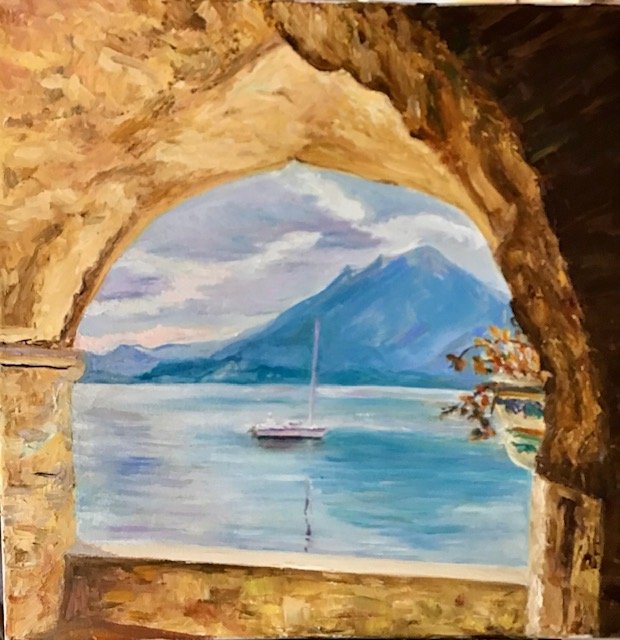 Nina Joffrey, Santorini Grotto, 20x20 Oil on canvas, $400.00, Email: njoffey@gmail.com