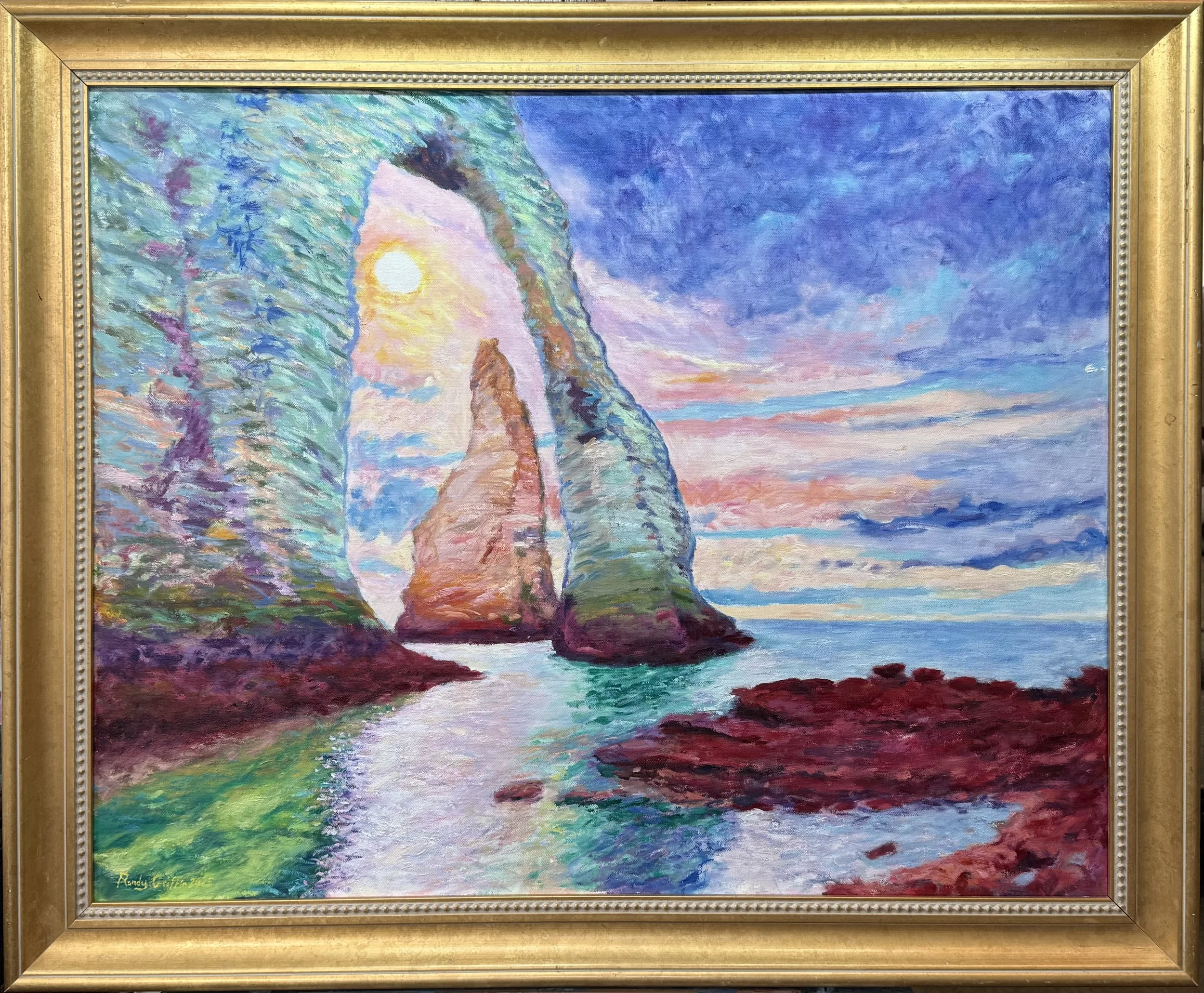 Randall Griffin, The Rock Needle and Porte d’Aval, Étretat Sunset, 24x30, oil on canvas, studio frame, Email: griff001@gmail.com