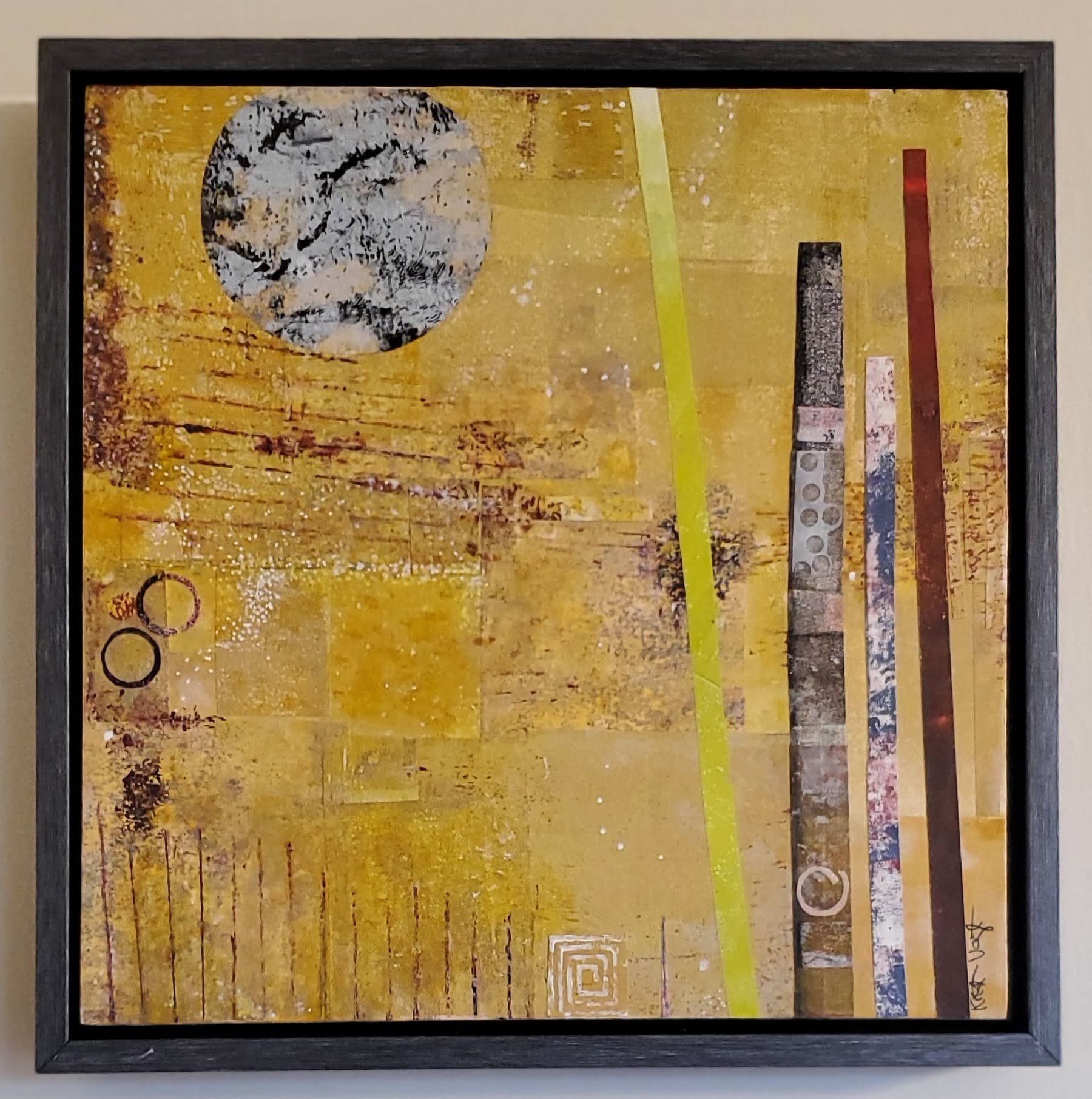 Kristin Vogt, Watch Party, Collage with acrylics on paper, mounted on wooden panel, 12x12x1.5", framed, $185.00, Email:  gmma.kristin@yahoo.com
