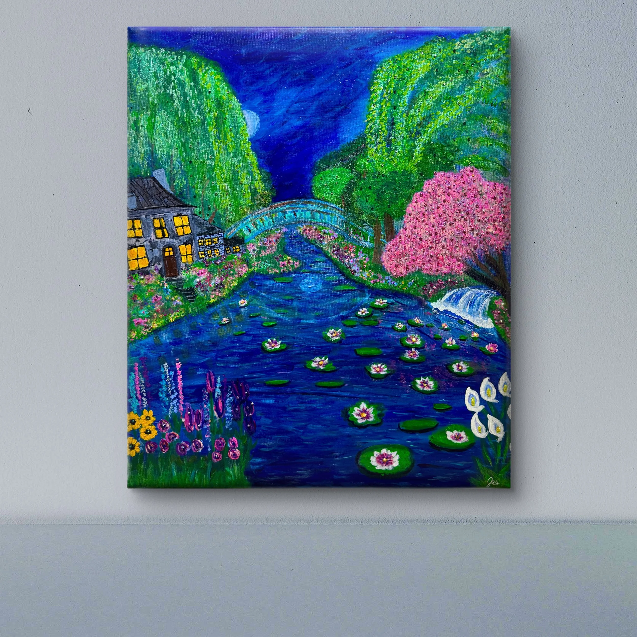 Jessica Winfield, "Lilies and Blossoms", Acrylic on Canvas with Gems