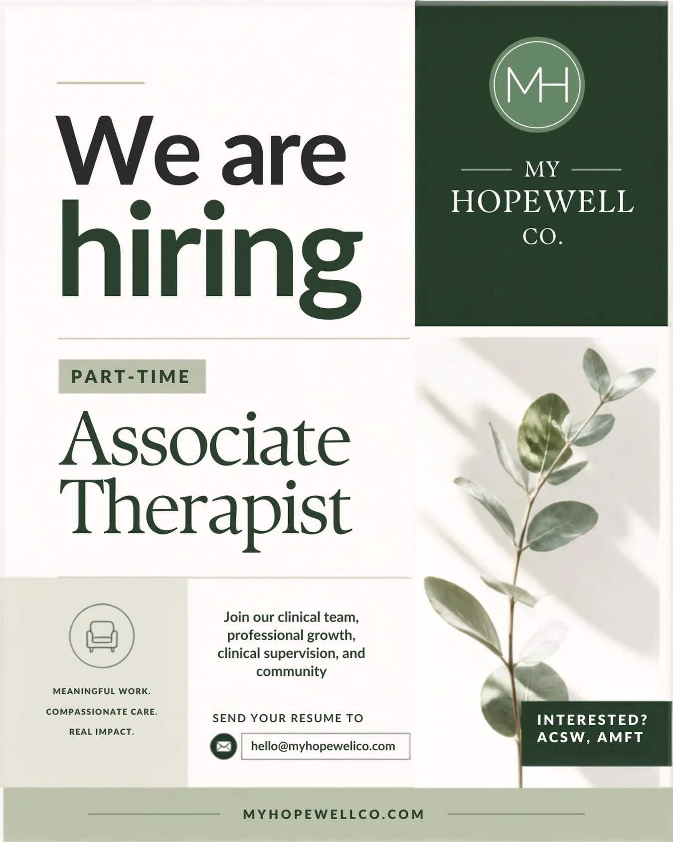 ✨We&rsquo;re Hiring!✨
My Hopewell Co. is looking for a part-time Licensed Therapist to join our growing team! A therapist who supports our mission of Mental Health and Wellness.

How to apply 📩: Email your resume to&nbsp;hello@myhopewellco.com&nbsp;
