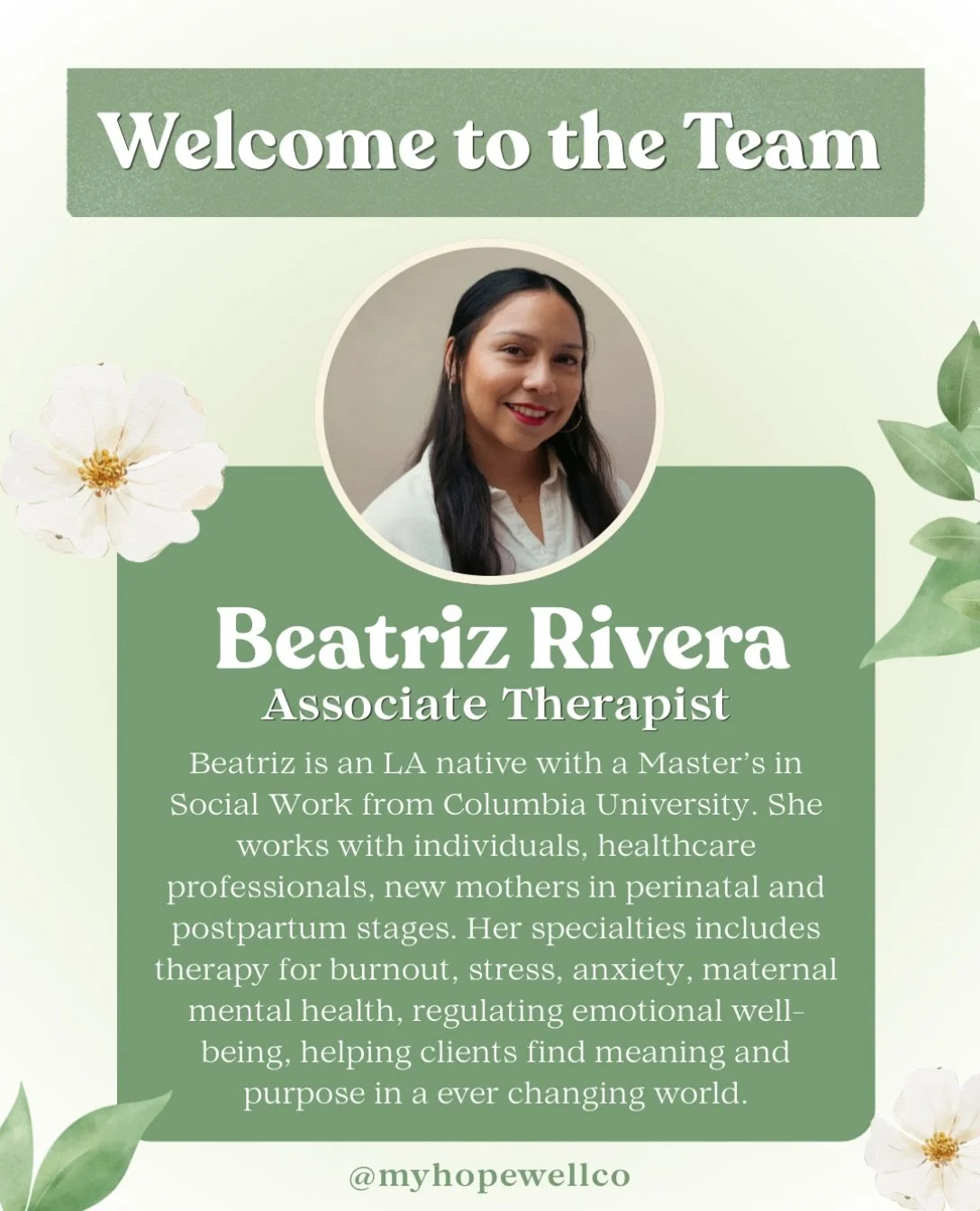 ✨ We&rsquo;re excited to welcome Beatriz Rivera to our team! ✨

Beatriz is an LA Native with a master&rsquo;s degree from Columbia University, Beatriz is passionate about helping individuals navigate life&rsquo;s transitions, manage stress and streng