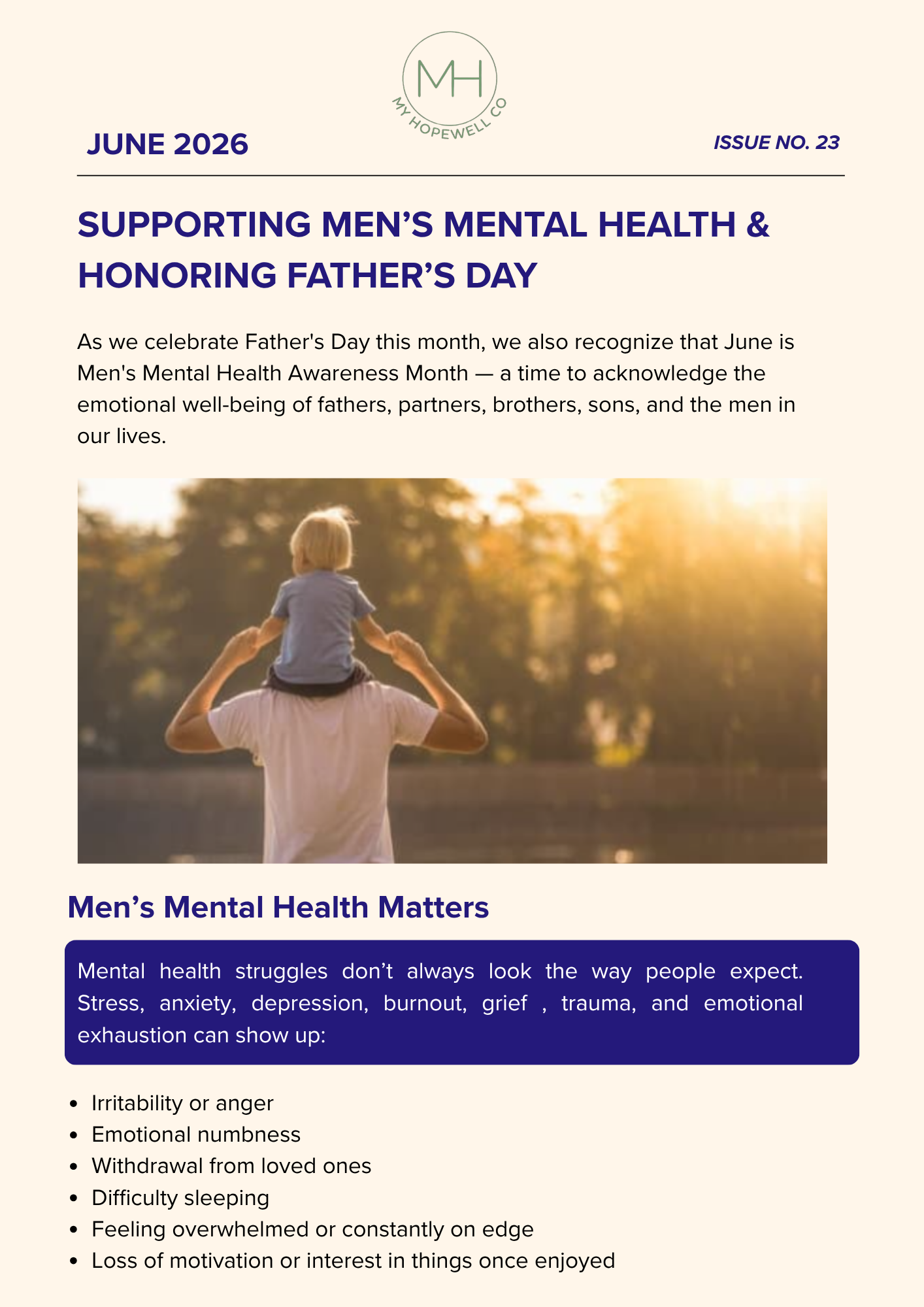 A newsletter titled 'Supporting Men's Mental Health & Honoring Father's Day' with a photo showing a man carrying a young child on his shoulders at sunset, with trees in the background.