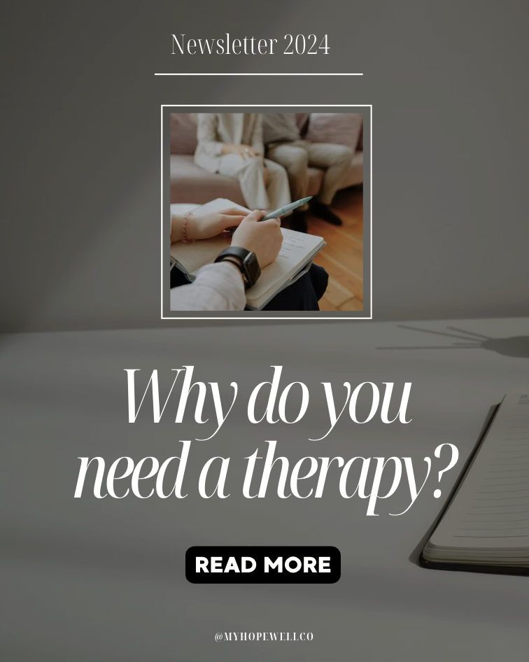 A promotional poster for a 2024 newsletter titled "Why do you need a therapy?" with a photo of a person taking notes during a therapy session, and a message inviting readers to read more.
