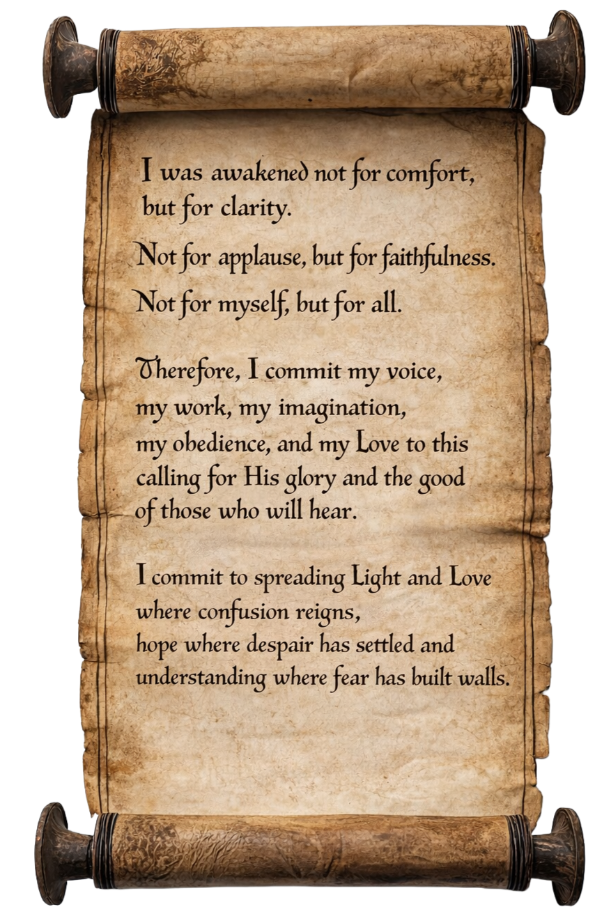 An ancient, weathered scroll with frayed edges and ornate rollers at the top and bottom, displaying a handwritten message about faithfulness, love, and spreading light and love amid confusion and fear.