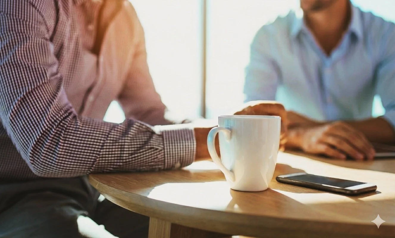 Two people sitting at a round wooden table with a white mug, a smartphone, and some documents, engaged in conversation.