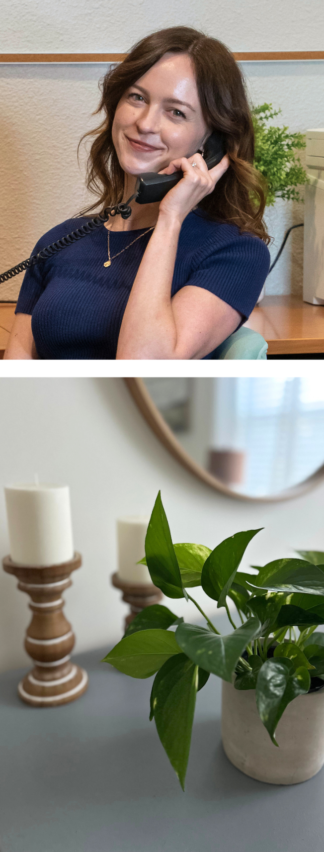 A woman smiling while holding a landline phone receiver to her ear, sitting at a desk. She has shoulder-length wavy brown hair and is wearing a navy blue top and a gold necklace. Behind her, there is a plant and a copier. In the lower part of the image, there is a houseplant with green leaves in a pot, with two beige candles on wooden candle holders placed beside it.