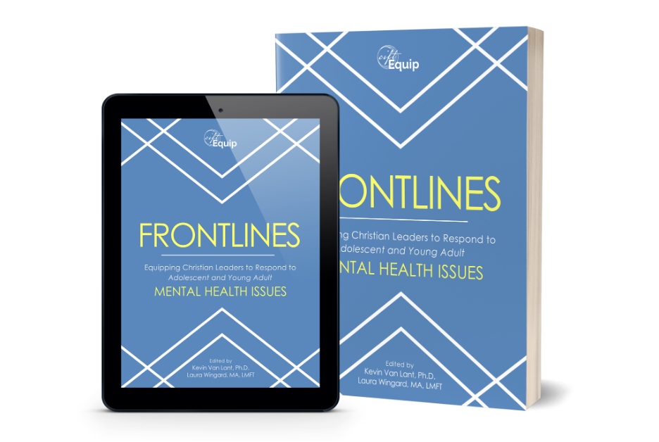 Book and tablet displaying the cover of a publication titled "Frontlines: Equipping Christian Leaders to Respond to Adolescent and Young Adult Mental Health Issues."