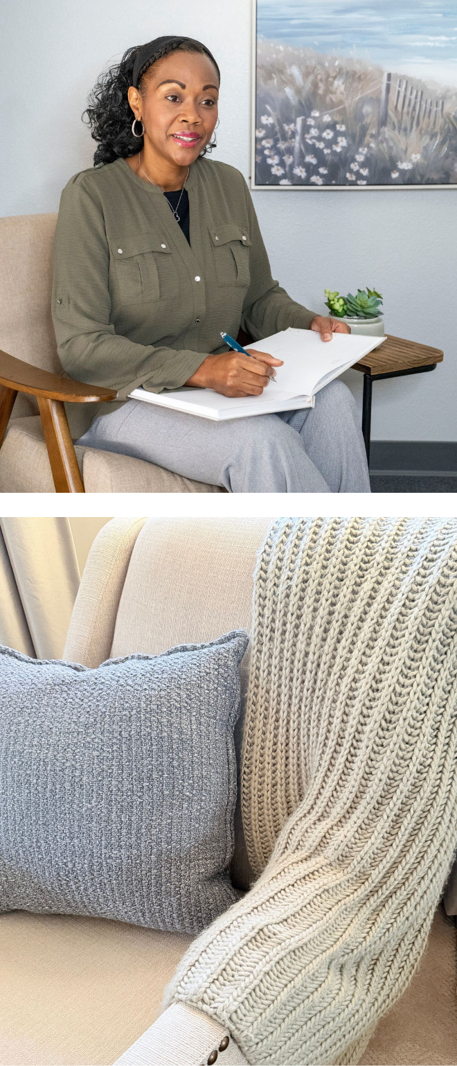 A woman sitting on a chair writing in a notebook with a plant and artwork in the background, and a close-up of a knitted blanket and pillow on a couch.