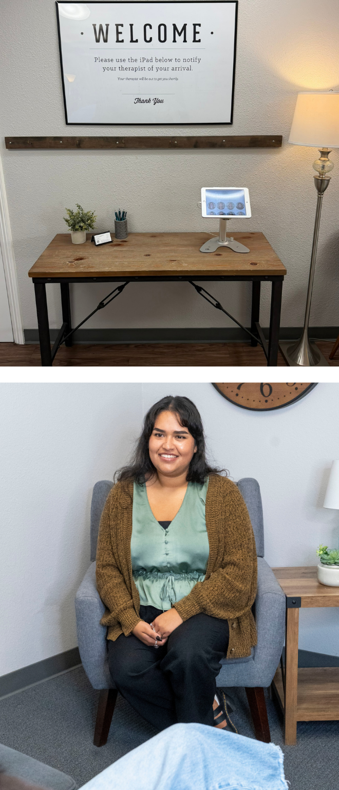 Waiting room with welcome sign, a wooden table with plants and a tablet, a woman sitting in a chair, smiling, with a clock on the wall behind her.