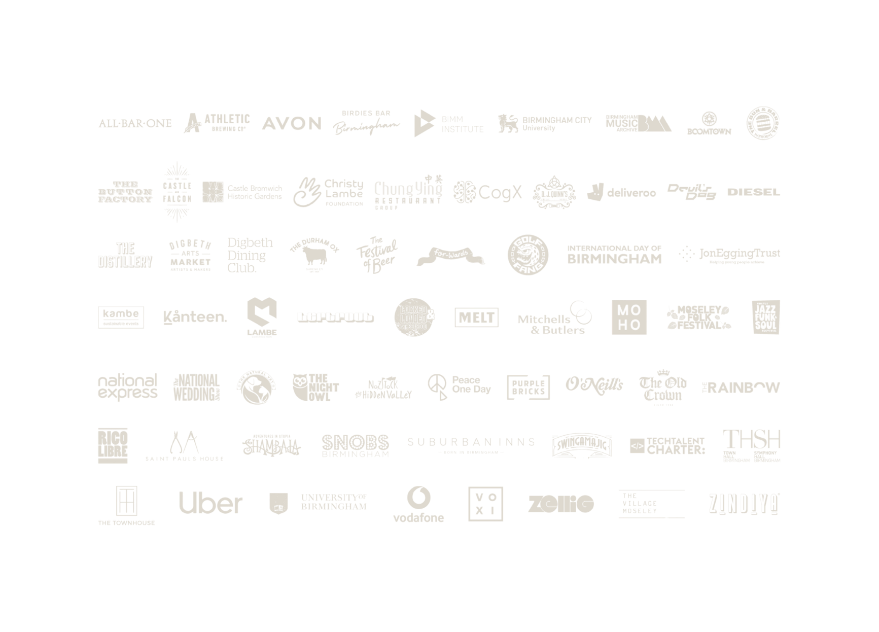 A collection of black and white logos of various brands, organizations, and events arranged in rows and columns on a black background.
