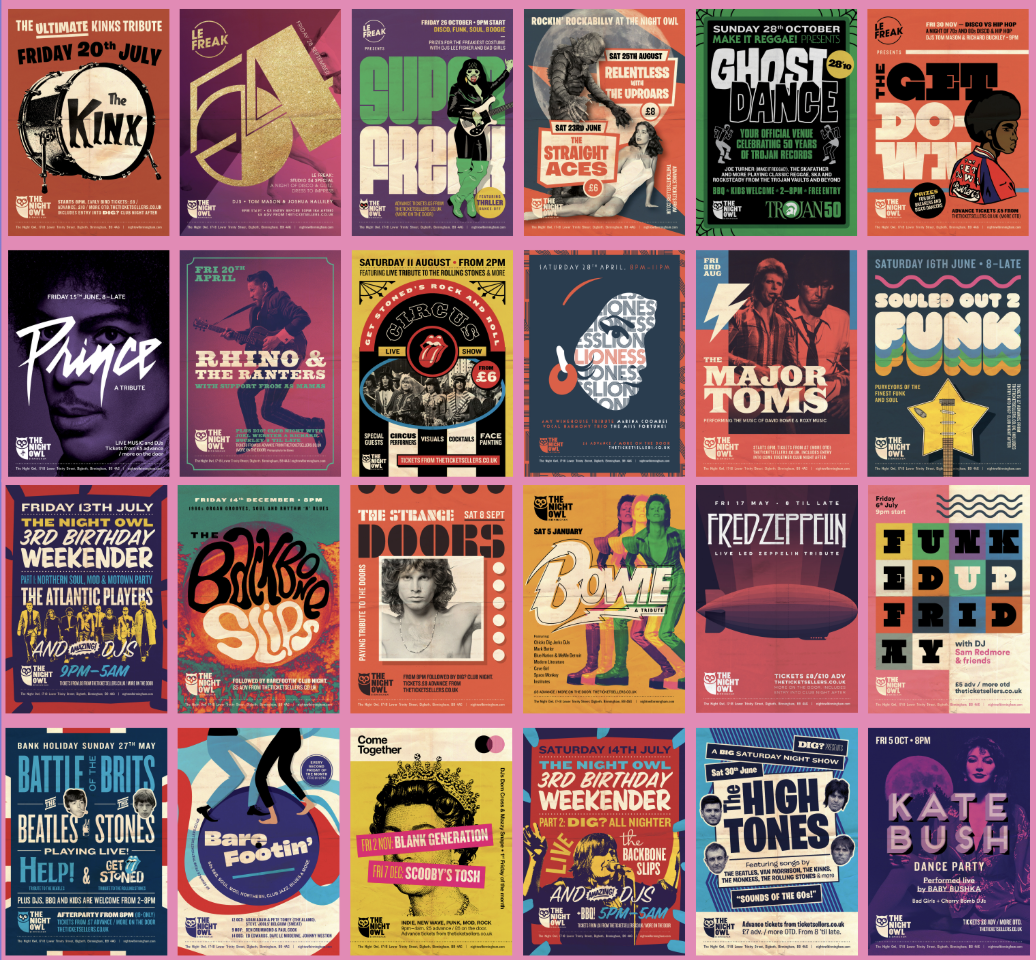 A collage of colorful posters advertising various music events and festivals in July, August, and October, featuring bands like The Kinks, Le Freak, Sup Project, Ghost Dance, The Gee Do We, Prince, REHNO & The Rantors, Circus Show, The James, Souled Out 2 Funk, The Night Owl Birthday Weekenders, Back to the 60s, Bowie Tribute, Fred Zeppelin, Funk Ed Up Friday, Battle of the Brits, Bare Footin', The Night Owl 3rd Birthday Weekend, The High Tones, and Kate Bush.