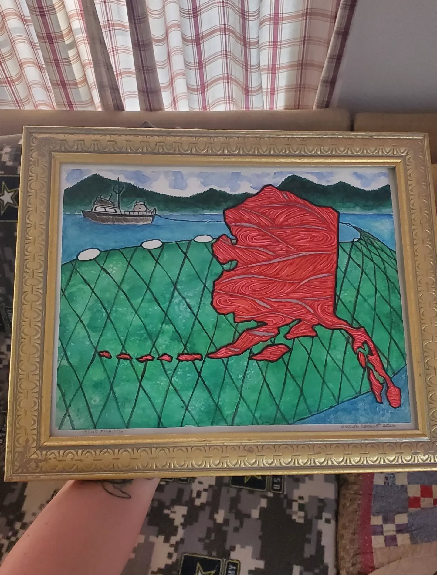 "Gone Fishing" 🎣 reduction block print, watercolor painting, glue. 

I've been waiting to share this custom piece I did for my Mom's colleague Miki, who retired from the State of Alaska at the end of August. 

We wanted to create something