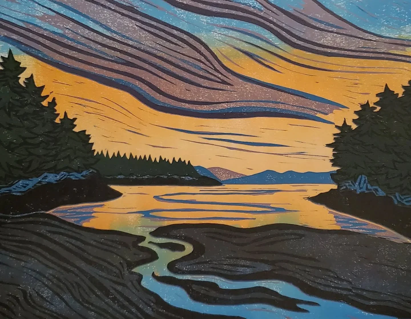 Haven't done a #throwbackthursday post for a while! 

"Camping Cove" 
Reduction block print 
Varied edition 
2023 

I made this series for Alaska Ink, a show at the JACC a few years back. 

Camping Cove is definitely a sweet spot in Juneau.
