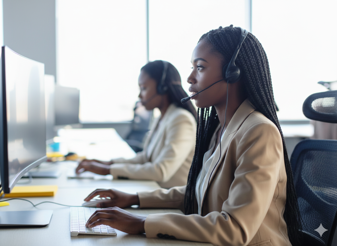 Three women working at computers in an office, wearing headsets.