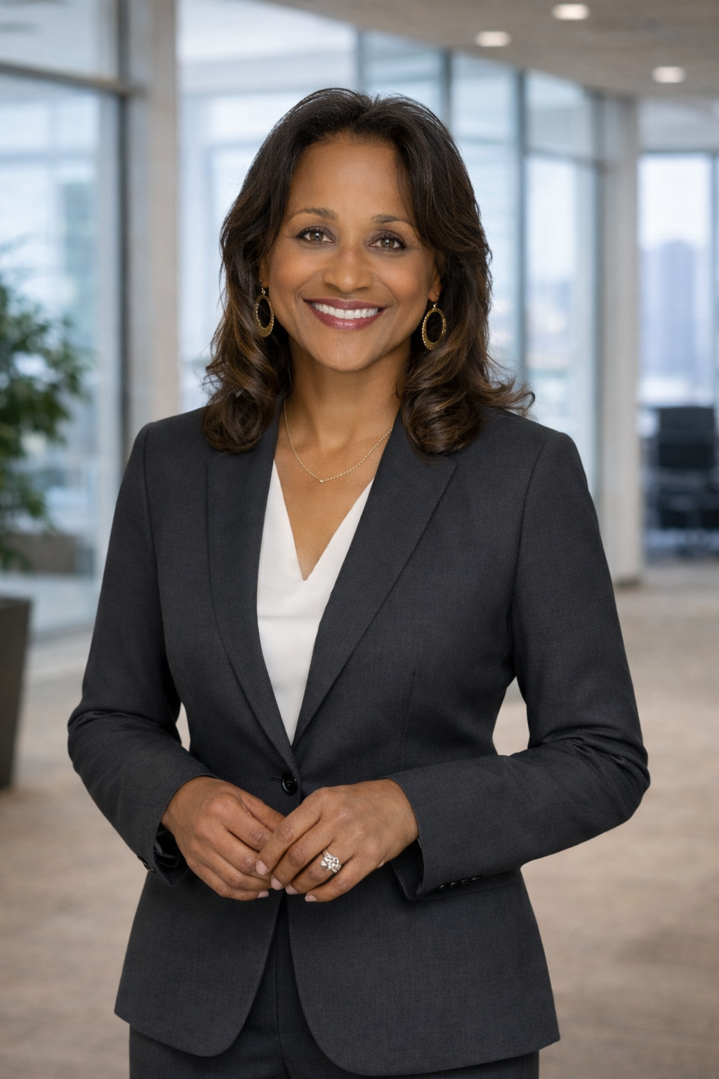 A smiling woman with medium-length dark hair, wearing a black blazer, gold earrings, and a necklace, against a plain light background.
