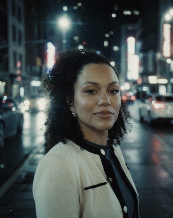 Close-up of a woman with curly black hair, smiling, wearing a striped shirt and earrings.
