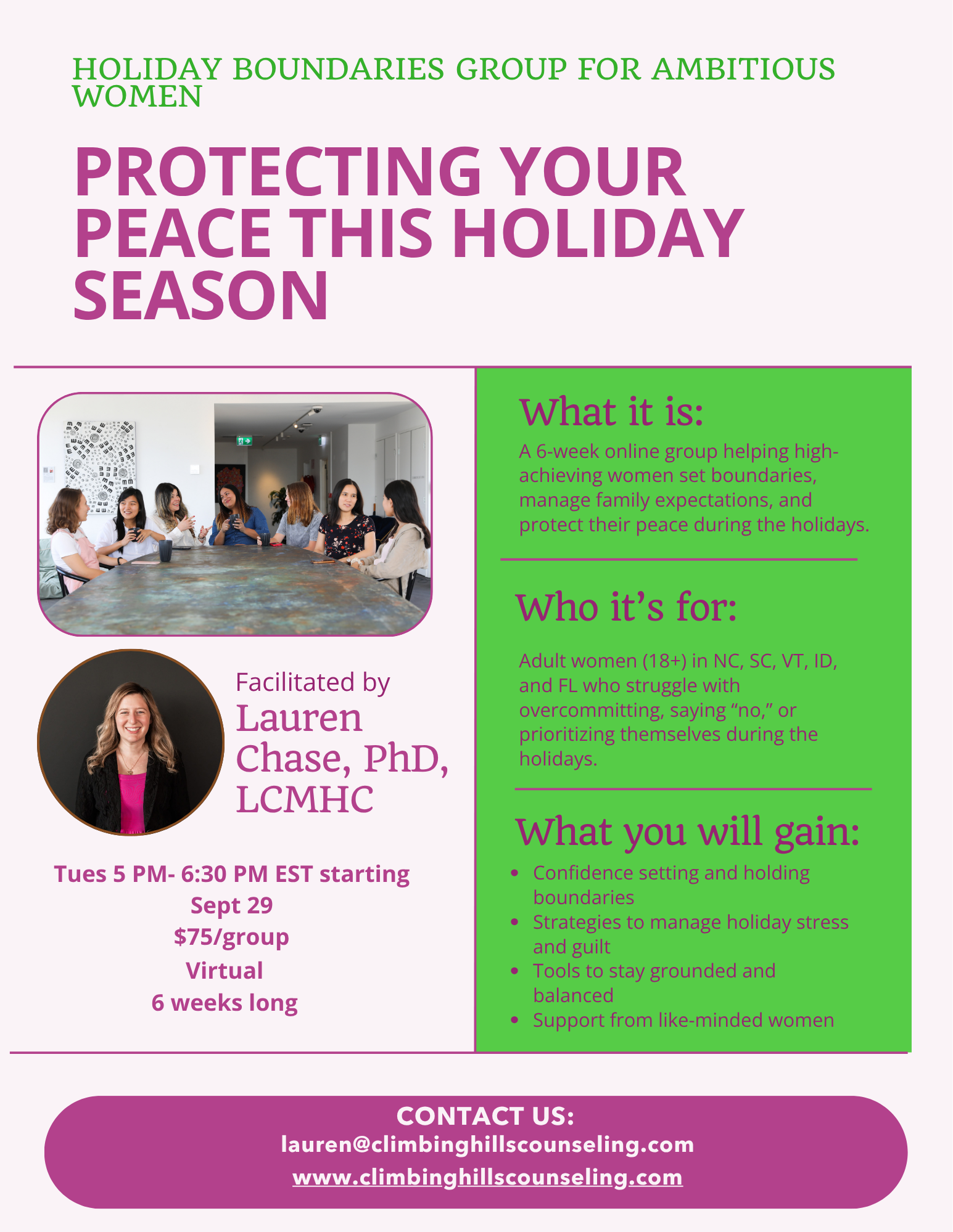 Flyer for an online group called 'Holiday Boundaries Group for Ambitious Women'. The flyer features a group of women having a discussion at a table, with details about the program including start date, time, cost, duration, and contact information. The program aims to help women set boundaries, manage family expectations, and maintain peace during the holidays.