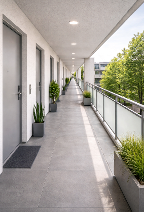 Ein länglicher Balkon mit mehreren Türen, Pflanzen in Blumentöpfen und einem Glasgeländer, umgeben von Bäumen und einem modernen Gebäude im Hintergrund.