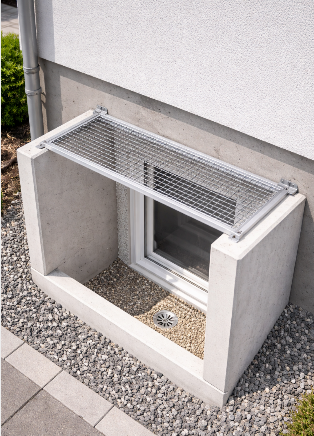 Kleine Entlüftungs- oder Luftfilteranlage außerhalb eines Gebäudes, bestehend aus einem Metallgitter und einem Rahmen, auf einem Betonkasten mit einem Abfluss.