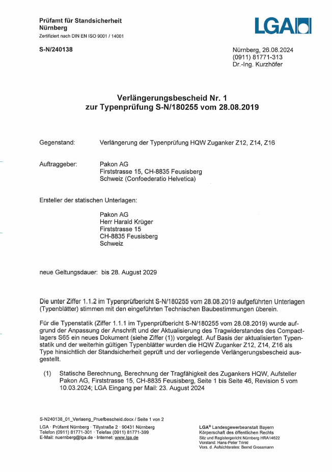 Typenprüfung Verlängerungsbescheid HQW Zuganker