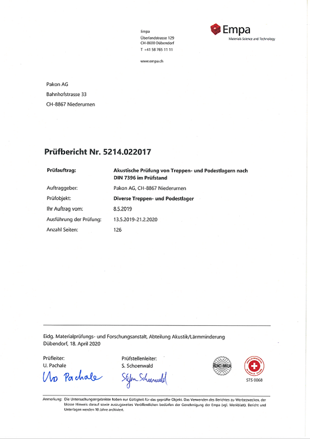 Gutachten Schallschutz EMPA Prüfbericht Nr. 5214.022017 vom 18.04.2020 