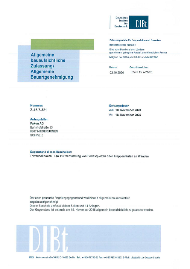 Verlängerung Bauaufsichtliche Zulassung DiBt Z-15.7-321. Schall-Isodorn HQW®