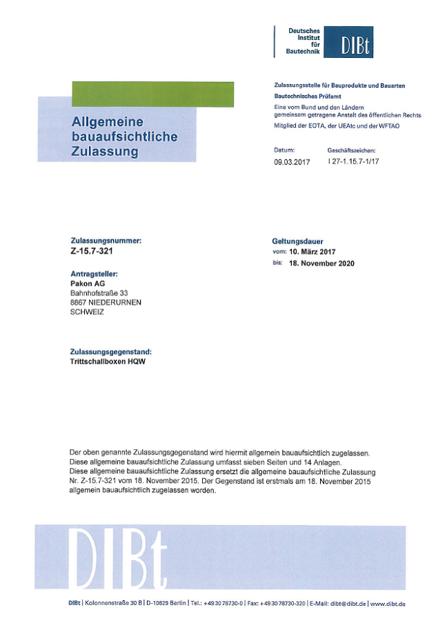 Bauaufsichtliche Zulassung DiBt Z-15.7-321. Schall-Isodorn HQW®