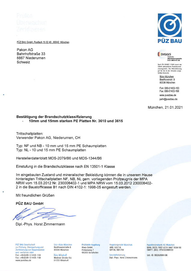 Bestätigung Brandschutzklassifizierung NF/ NB/ NL 