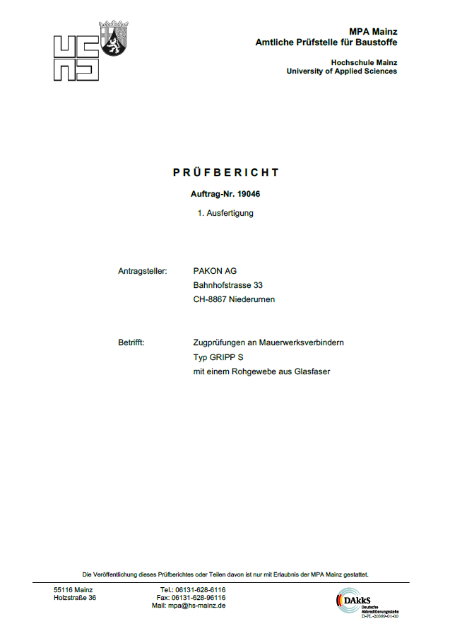 Prüfbericht Gripp S Mauerwerksverbinder