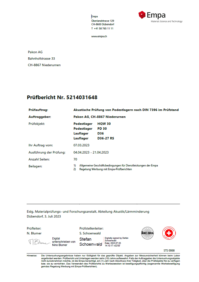 Gutachten Schallschutz EMPA Prüfbericht Nr. 5214031648 vom 03.07.2023 