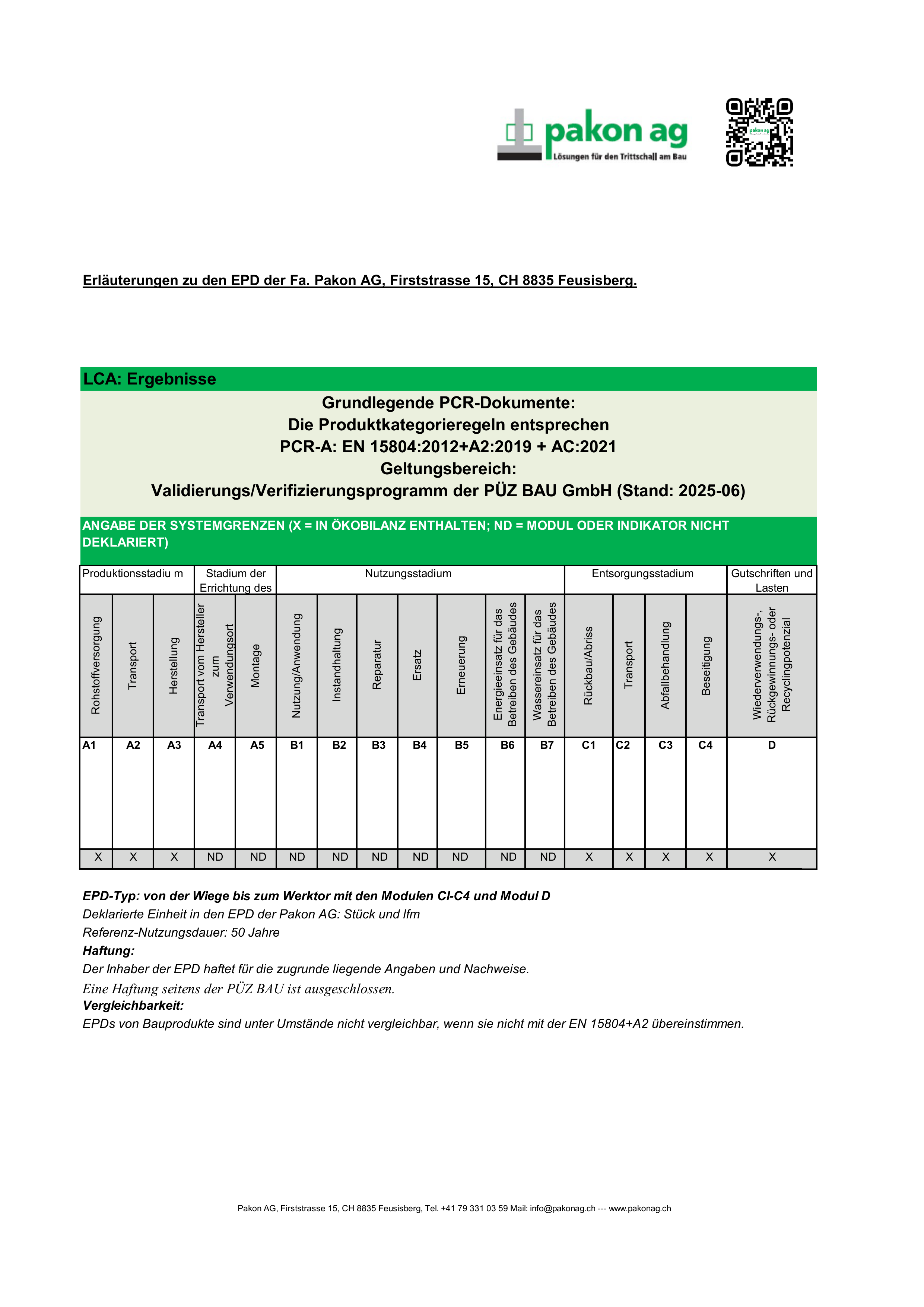 Erläuterungen der Pakon AG zu den EPD's