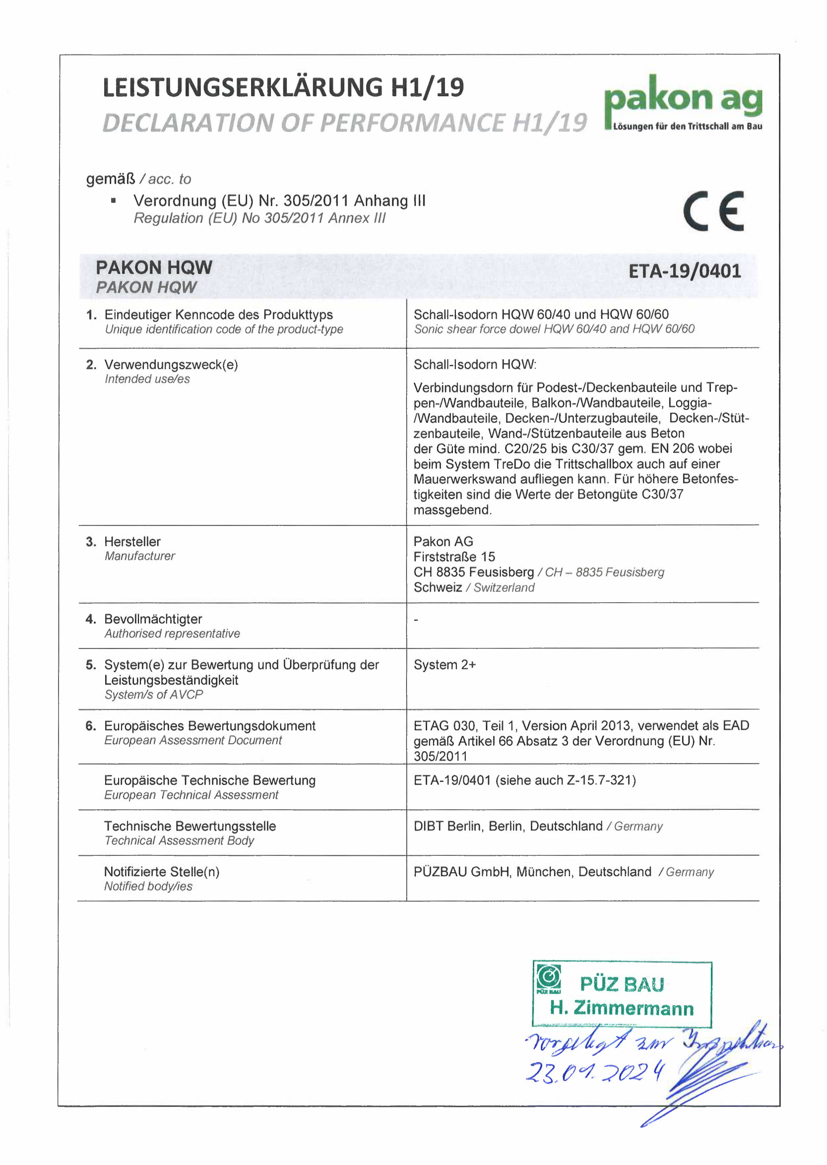 Leistungserklärung Pakon ETA-19/0401
