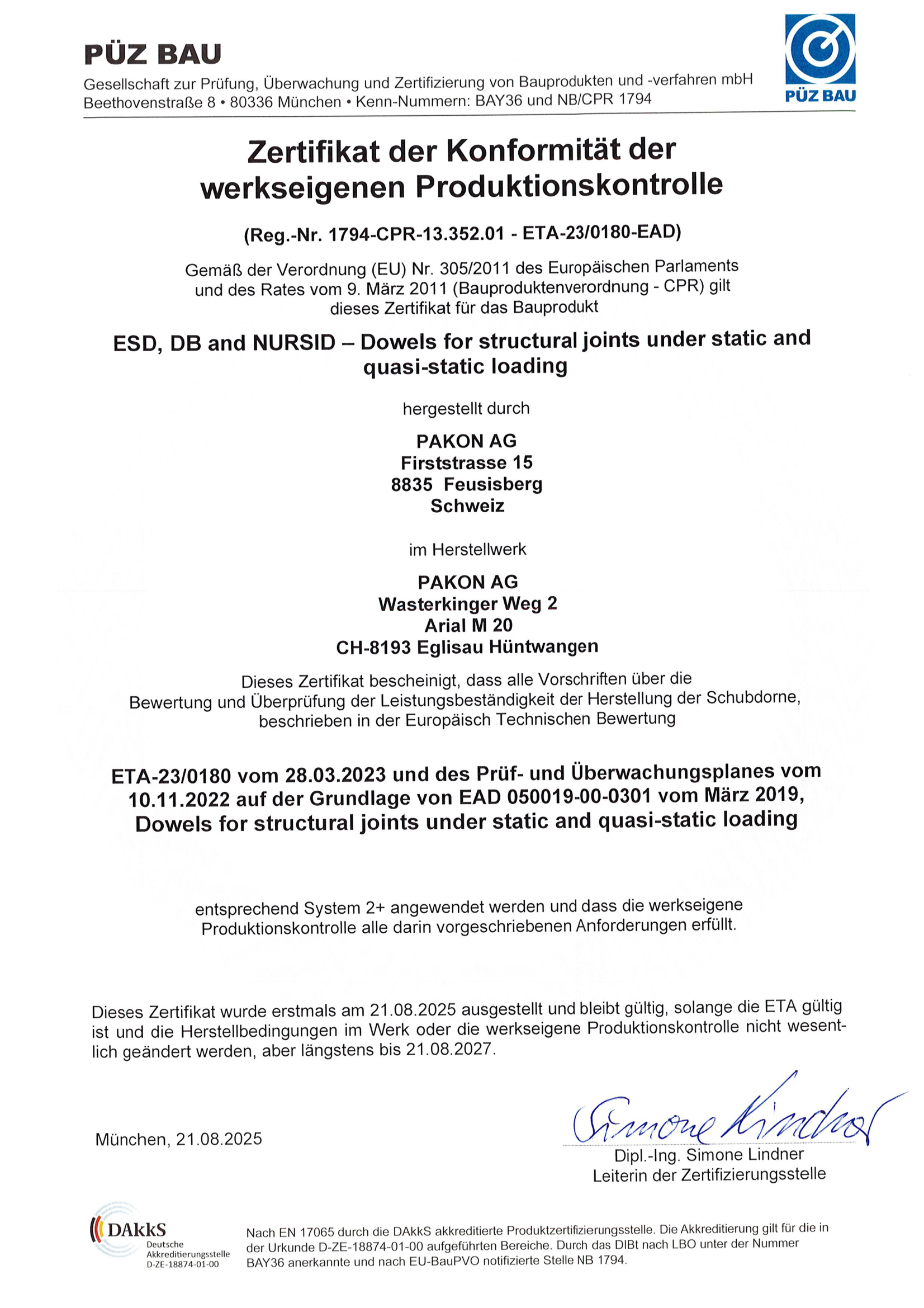 Zertifikat Konformitätserklärung ESD, DB, Nursid