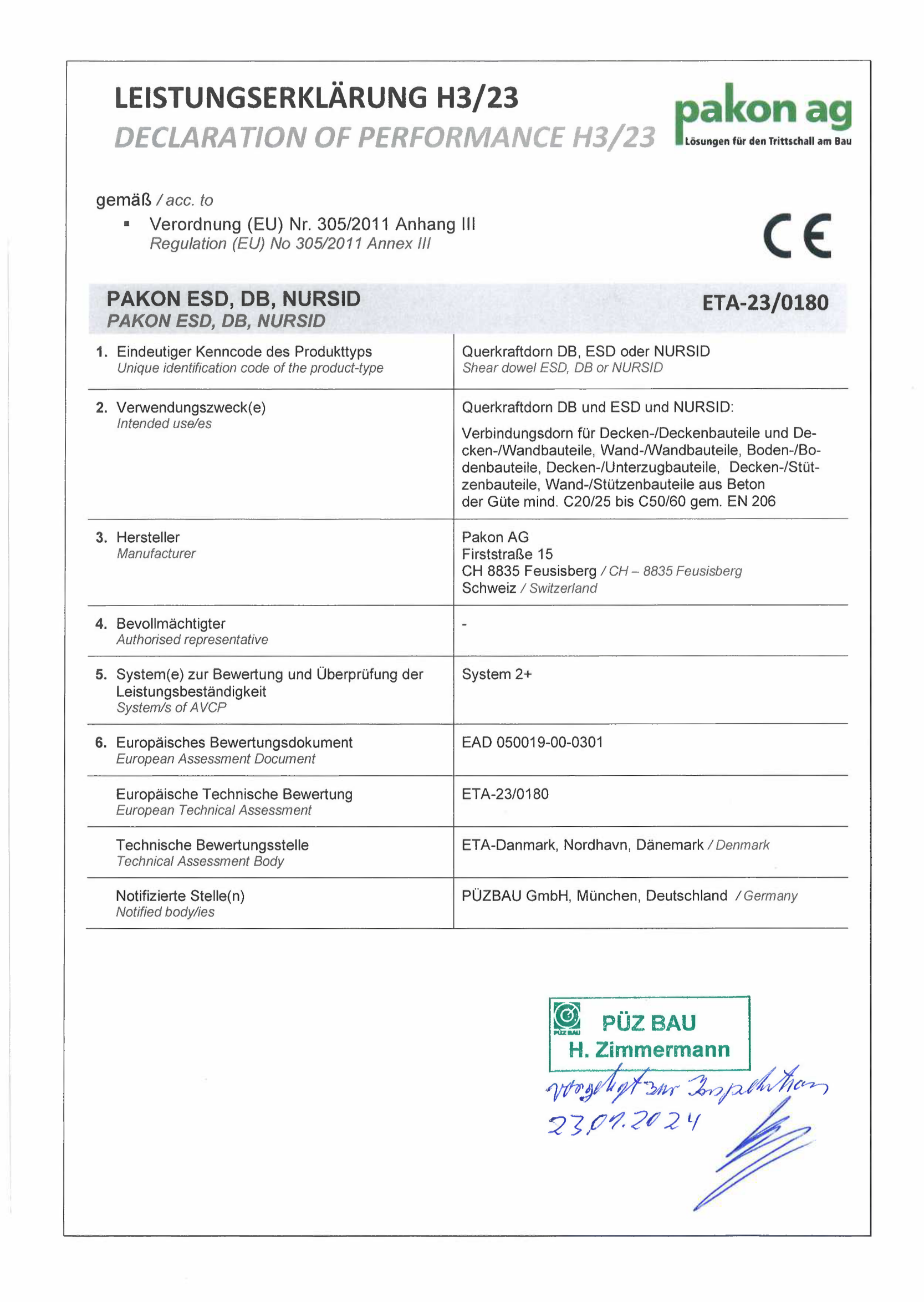 Leistungserklärung Pakon ETA-23/0180