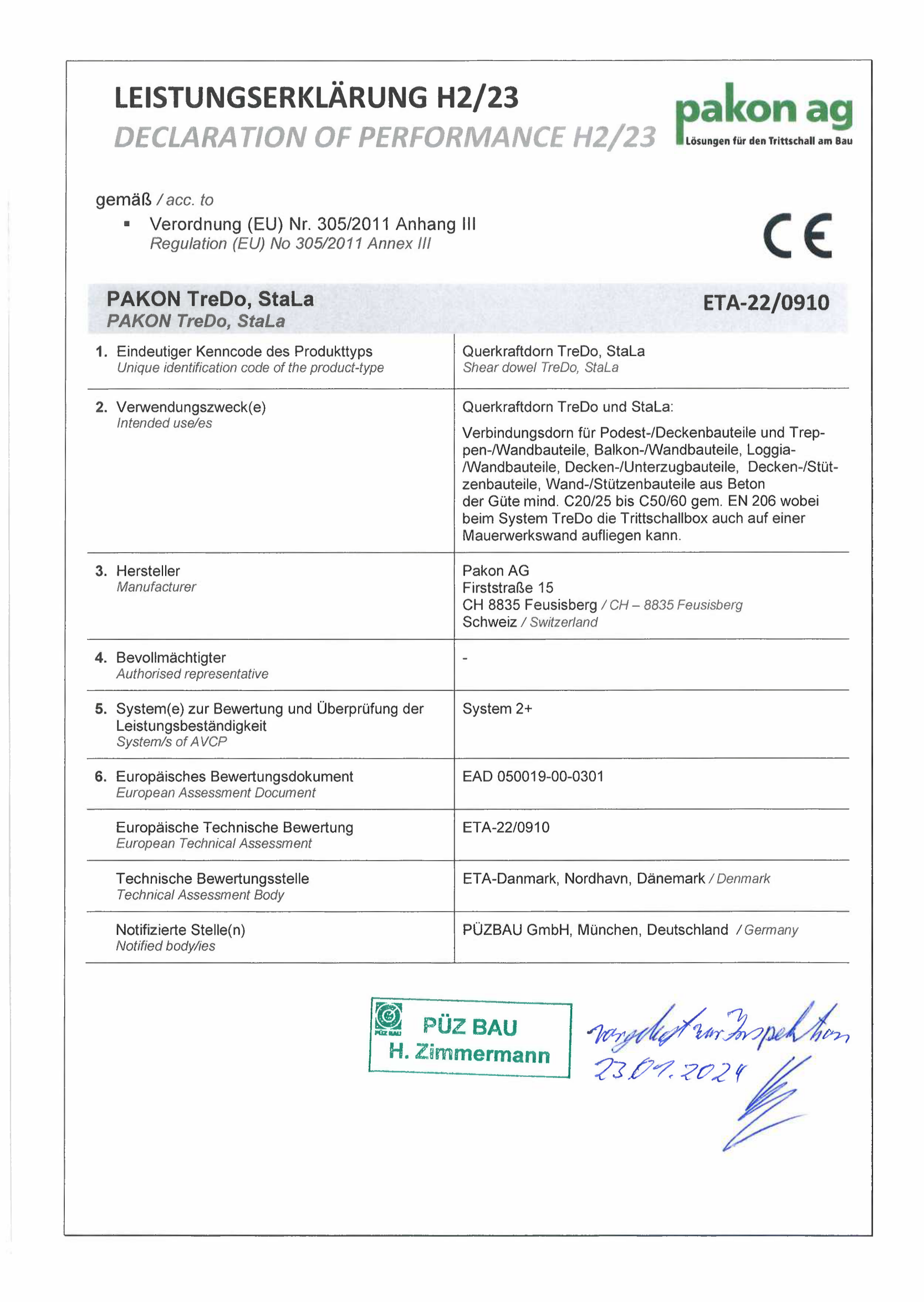 Leistungserklärung Pakon ETA-22/0910