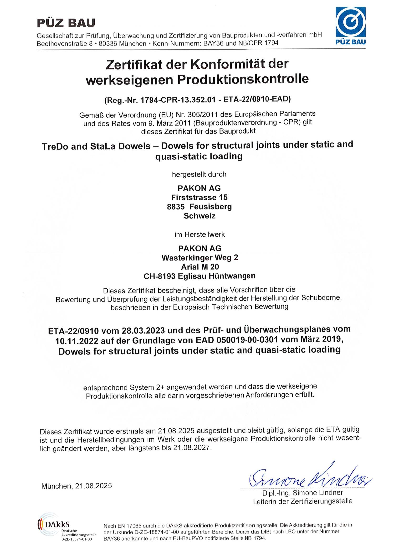 Zertifikat Konformitättserklärung TreDo, StaLa Dowels
