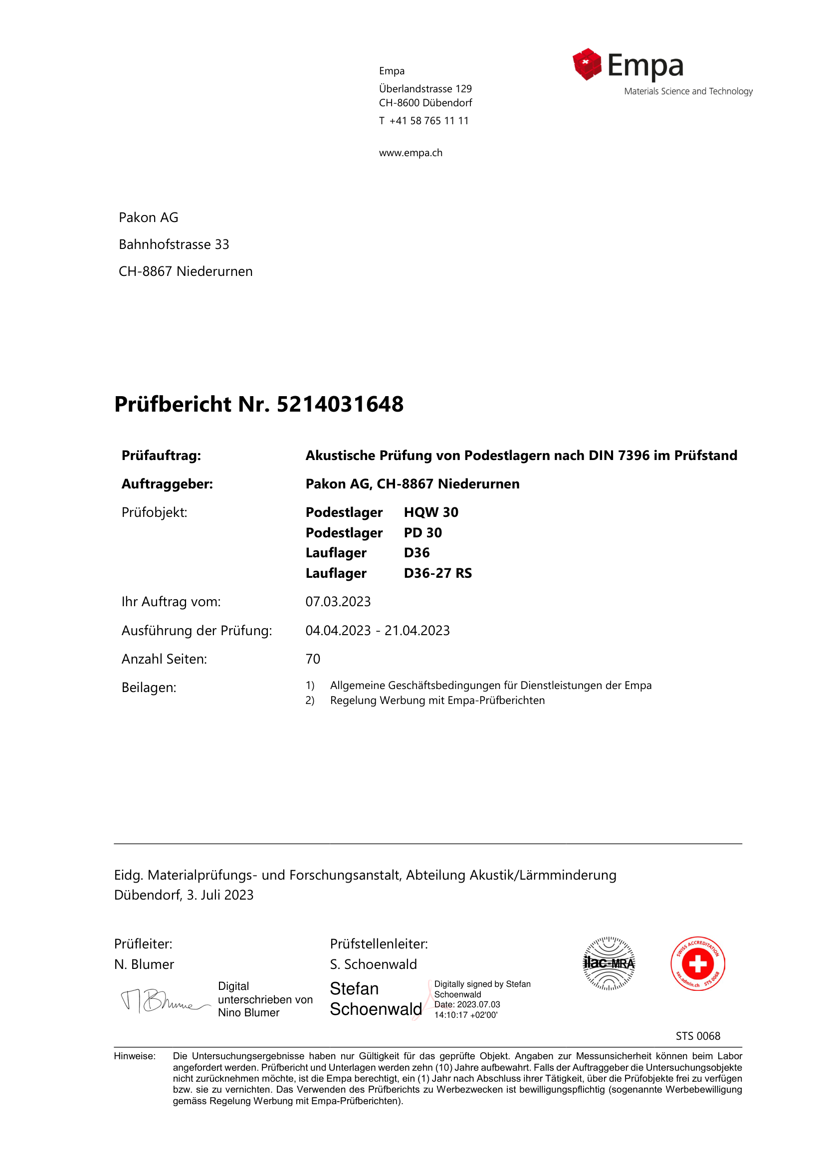Gutachten Schallschutz EMPA Prüfbericht Nr. 5214031648