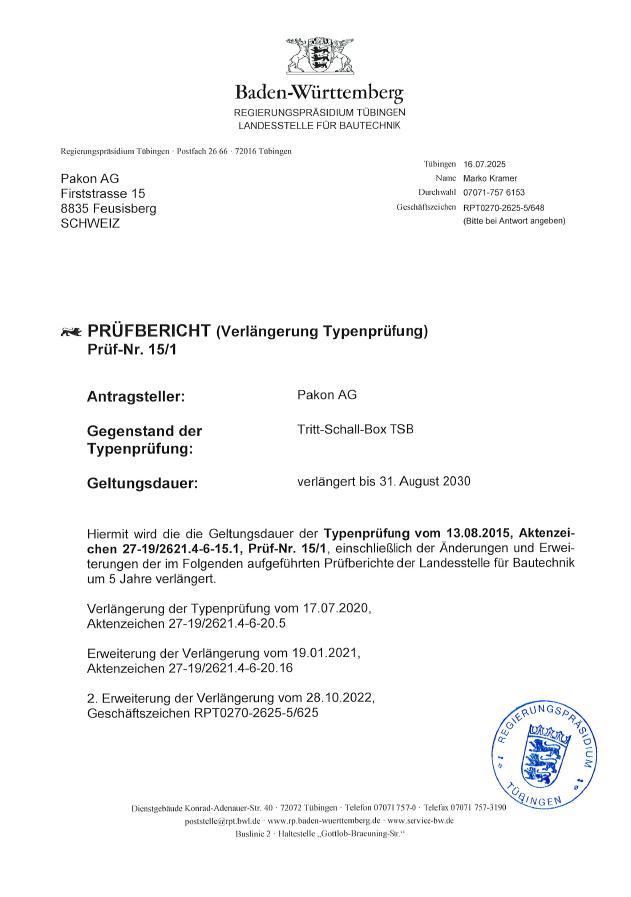 Prüfbericht Verlängerung Typenprüfung Schall-Isobox TSB® 