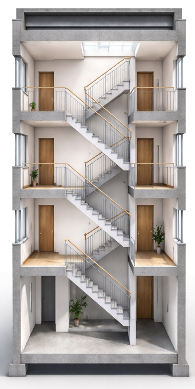 Mehrstöckiges Treppenhaus mit weißen Wänden, Holztüren und Pflanzen auf den Zwischenebenen, sichtbar durch eine innere Treppe. Trittschall