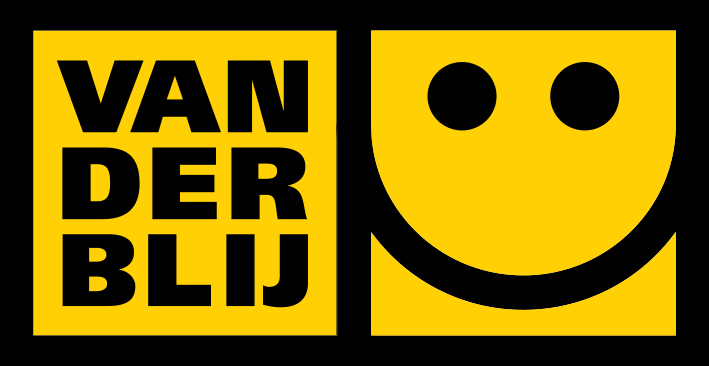 Ein gelbes Logo mit schwarzem Text 'VAN DER BLIJ' und einem großen gelben Smiley-Gesicht.