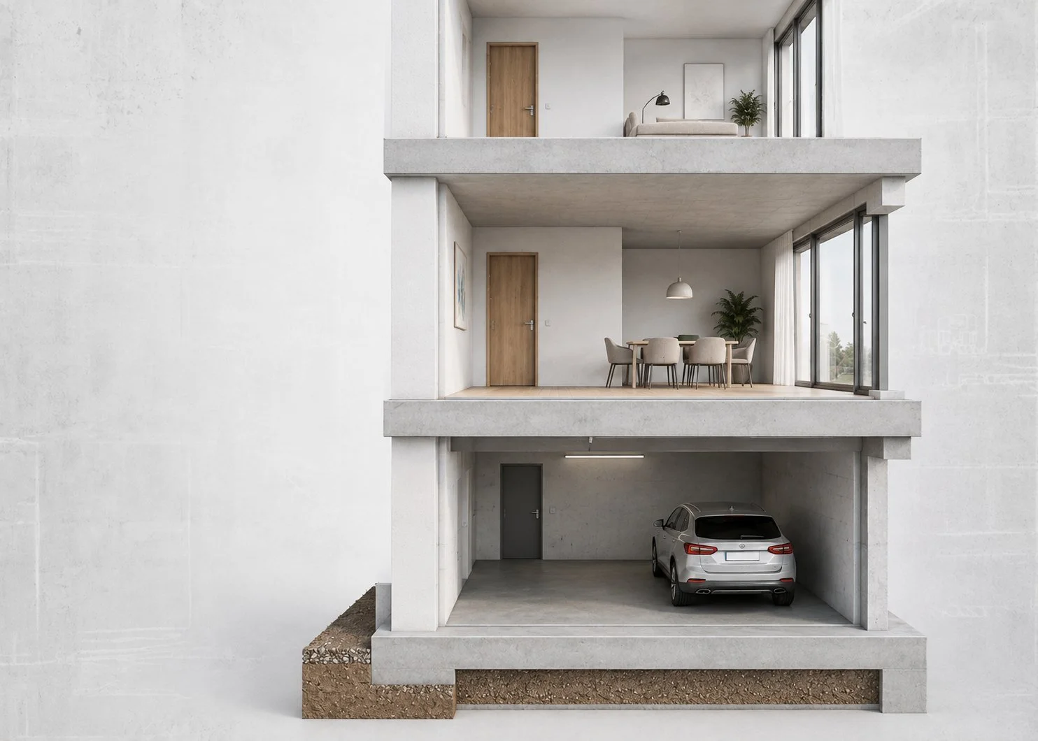 Gebäudeschnitt mit Wohngeschossen über einer Garage. BetaFORM W2/12 sitzt im Fussbereich der Aussenwand, wo die Wand auf der Bodenplatte aufsteht.